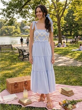 NWT Sweet En Forme Blue Gingham Maxi Dress Smocked Diamond Lace Coquette Small